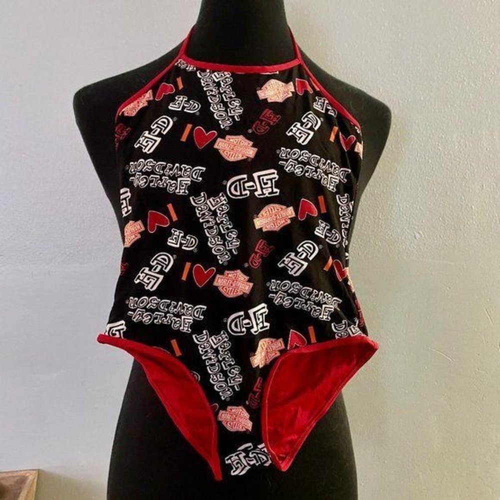 Vtg Girls Reversible Harley Davidson Swimsuit Leotard Bodysuit